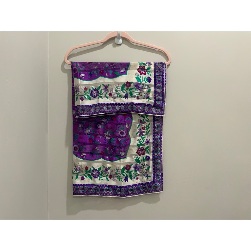 Oscar de la Renta Vintage Silk Scarf Purple Floral Metallic Stripe Square 31x31